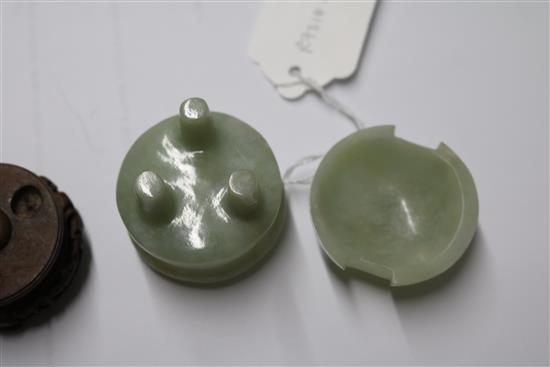 A Chinese jadeite miniature censer and cover, wood stand